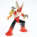 Toy figure with red, black, and yellow colors on a white background