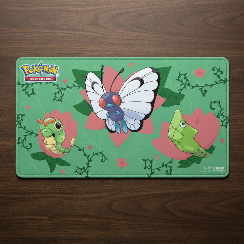 Pokémon card game playmat with Butterfree and Caterpie on a green background