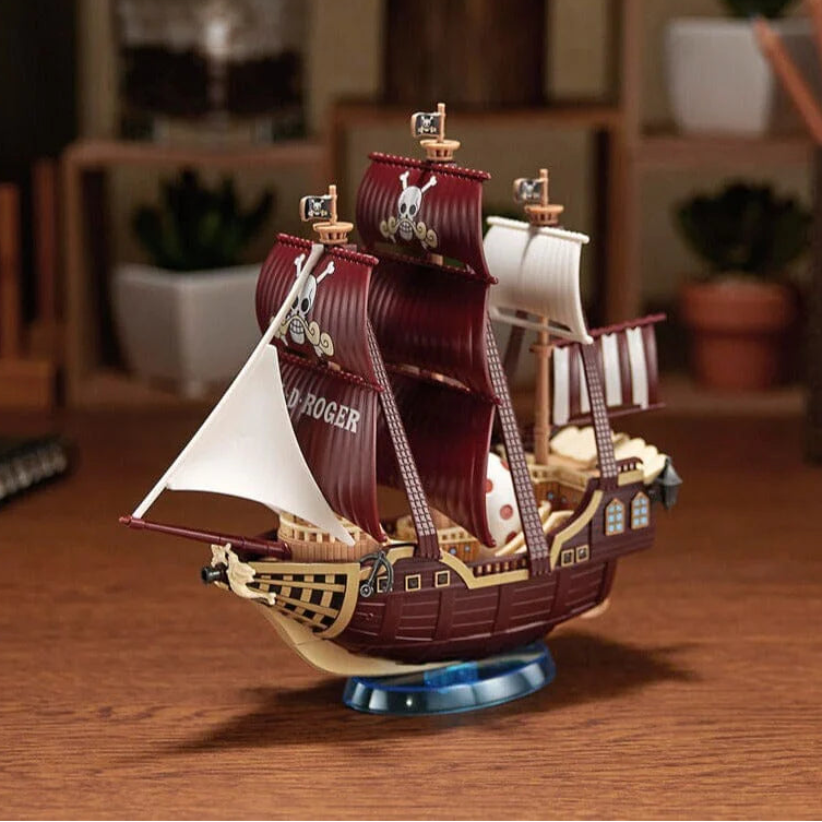 Model of a pirate ship on a wooden surface with a blurred background