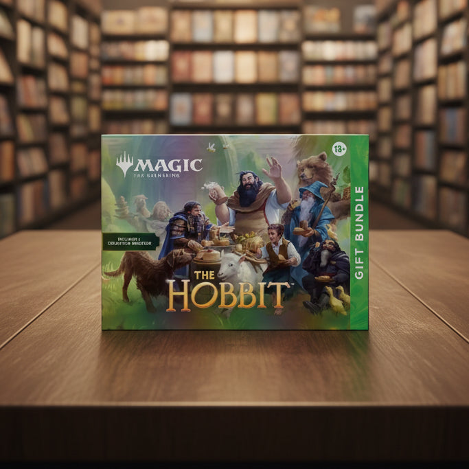 Board game box for 'The Hobbit' featuring characters and animals with 'Magic: The Gathering' branding.