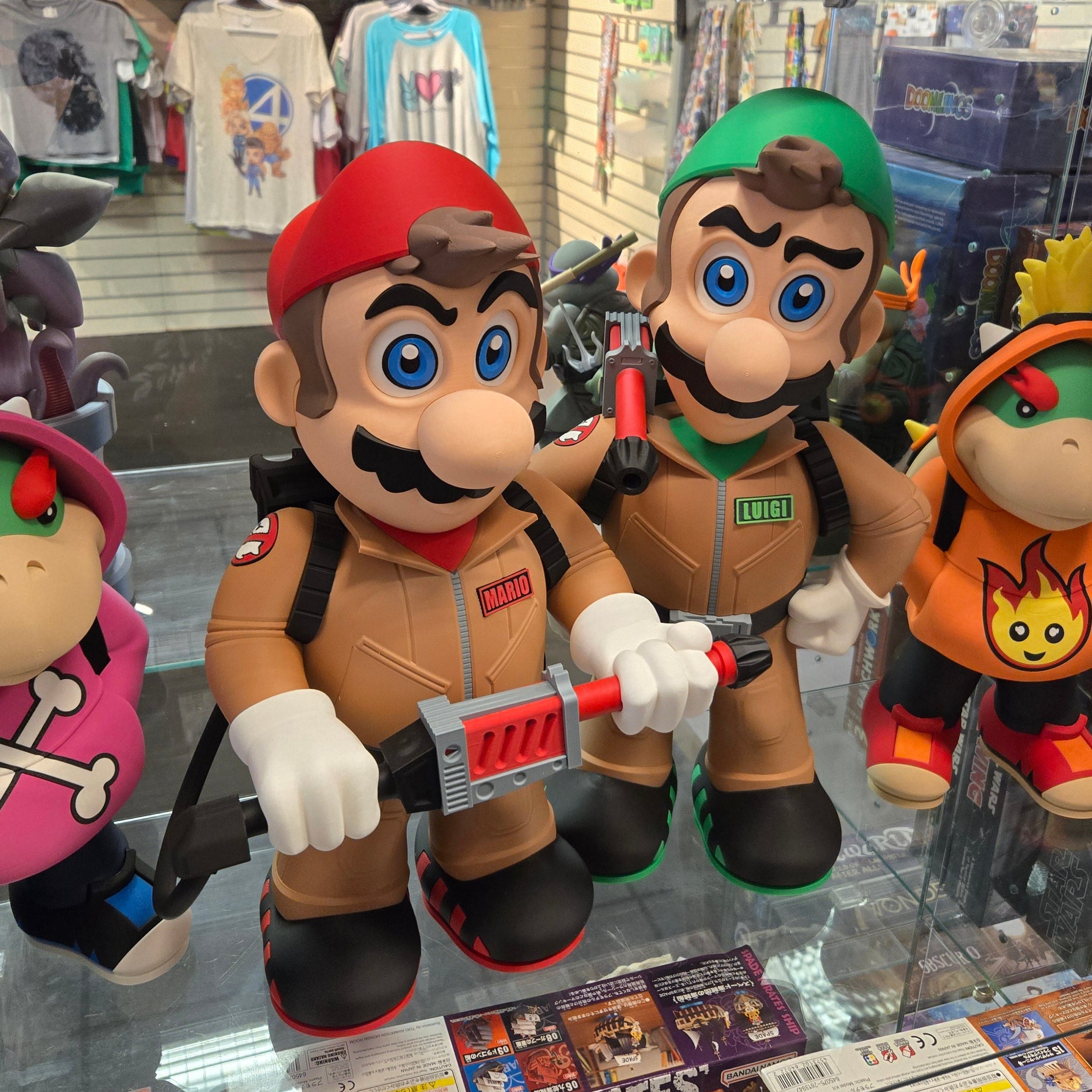 Collage of Mario and Luigi figurines with a store display in the background