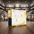 Pokémon Elite Trainer Box 30th Celebration collectible card game box, featuring a white and gold design with a large Pikachu silhouette and the Pokémon logo.