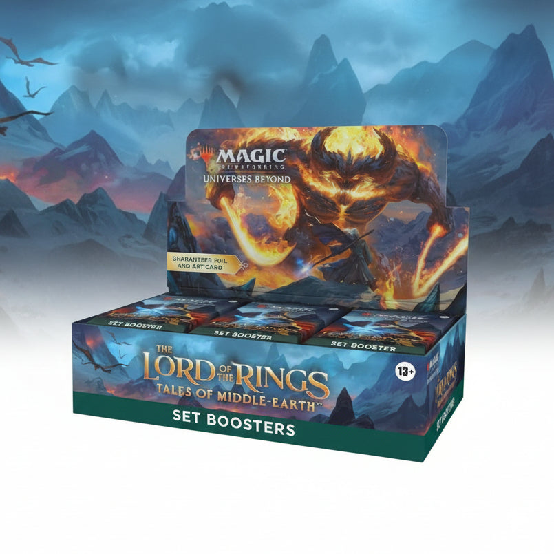 Box of 'Magic: The Gathering' and 'The Lord of the Rings' set boosters with dragon illustration.