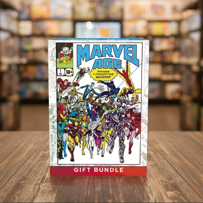 Marvel Age gift bundle packaging with superhero characters on a white background