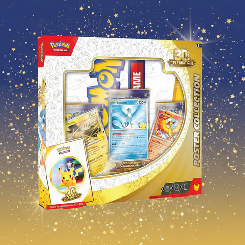 Pokémon Trading Card Game 30th Celebration Poster Collection box set, featuring a clear display window showing sample Arceus and Arcados trading cards inside a gold and white illustrated package.