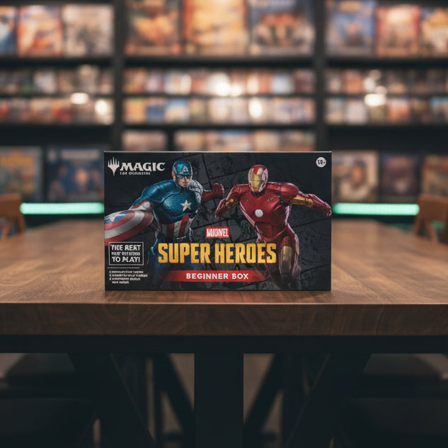 Marvel Super Heroes beginner box for Magic: The Gathering featuring Captain America and Iron Man on a black background.