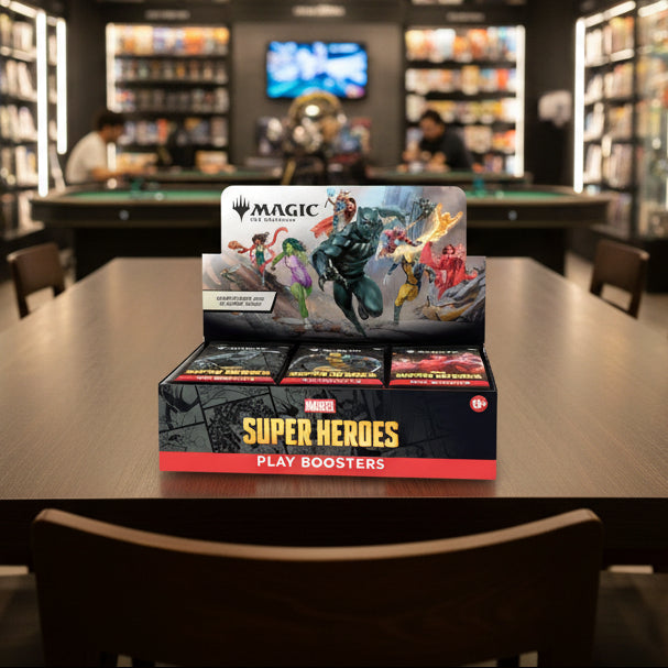 Box of Marvel Super Heroes play boosters with character illustrations on the packaging.