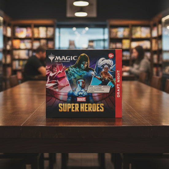 Box of Magic: The Gathering Marvel Super Heroes Draft Night featuring characters from Marvel.