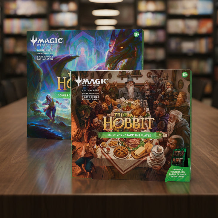 Two 'Magic: The Gathering' themed scene boxes, one featuring 'The Hobbit' and the other 'The Gathering'.