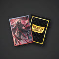 Card with character design and Dragon Shield packaging on a white background