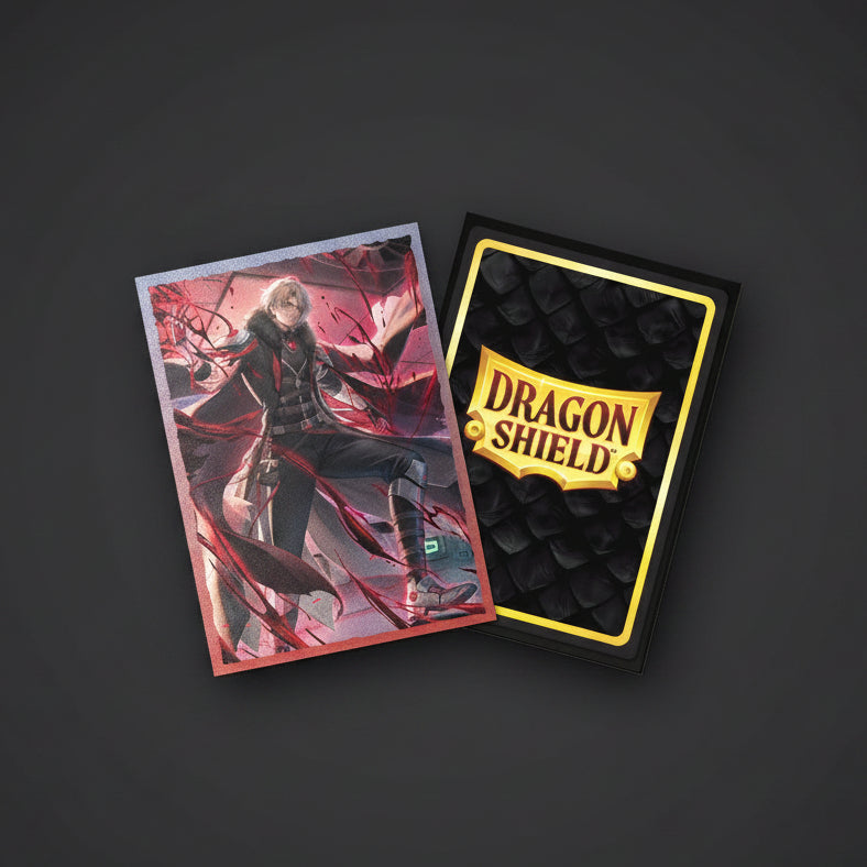Card with character design and Dragon Shield packaging on a white background