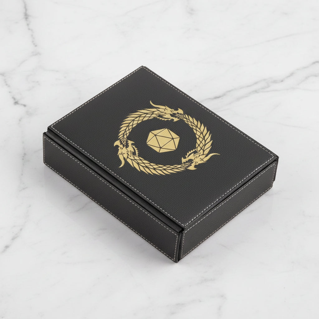 Black box with gold dragon and pentagonal symbol on a white background