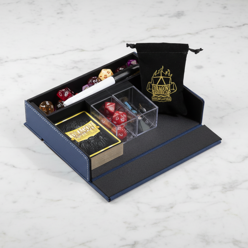 Dice organizer with compartments for dice and a pen, featuring a logo on a white background.
