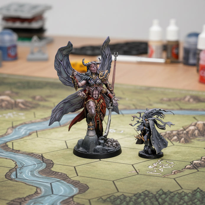Two fantasy figurines with a large one and a smaller one, both featuring detailed armor and weapons, on a white background with 'Dungeons & Lasers' logo.