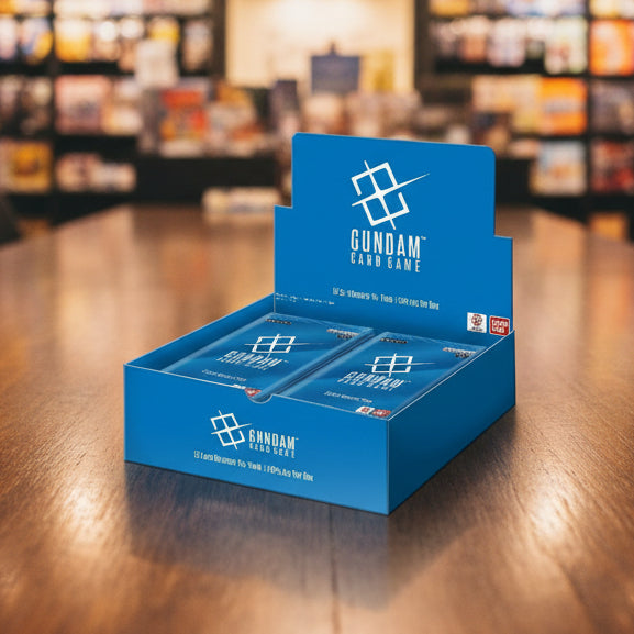 Gundam card game packaging with blue boxes and visible branding.