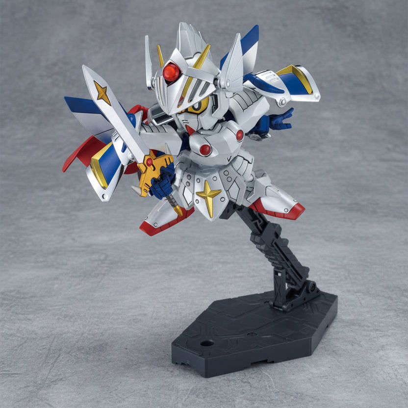 Model kit of a robot with red, blue, and white colors on a white background