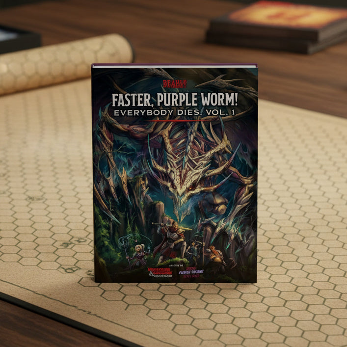 Book titled 'Faster, Purple Worm! Everybody Dies. Vol. 1' with a dragon illustration on the cover.