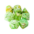 A set of translucent green polyhedral gaming dice with white numbering and a few dice featuring white 'LAB DICE' branding, isolated on a white background.