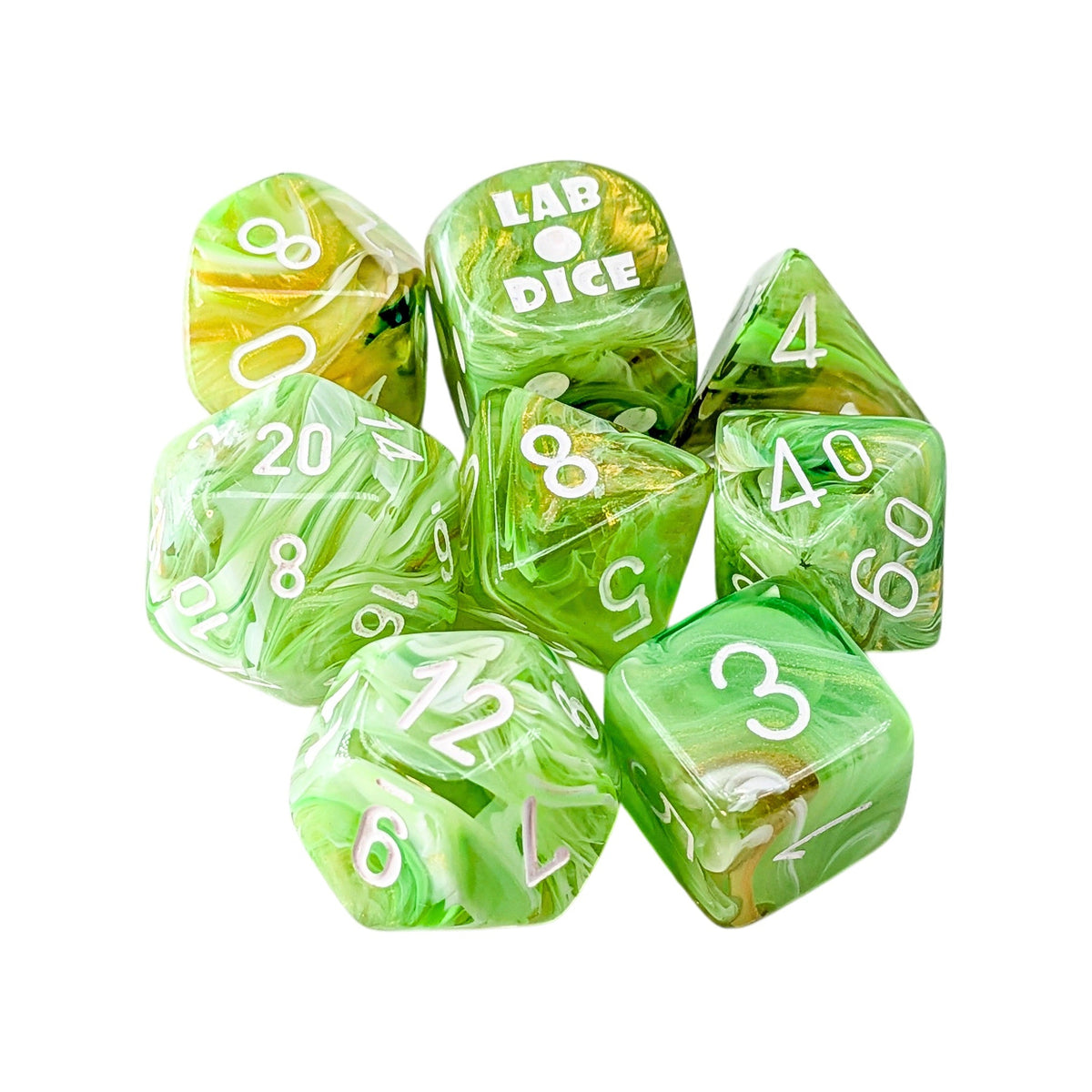A set of translucent green polyhedral gaming dice with white numbering and a few dice featuring white 'LAB DICE' branding, isolated on a white background.