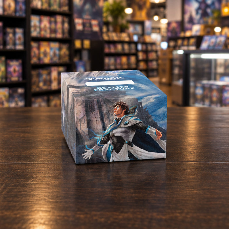 A Magic: The Gathering collectible card box featuring artwork of a blue-skinned female wizard character in a white and blue robe against a cloudy sky, photographed on a clean light gray studio background.