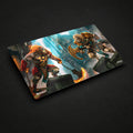 Magic: The Gathering playmat featuring a dynamic fantasy battle illustration with a fiery red character on the left and an armored gold character on the right, shown at an angle on a light gray background.