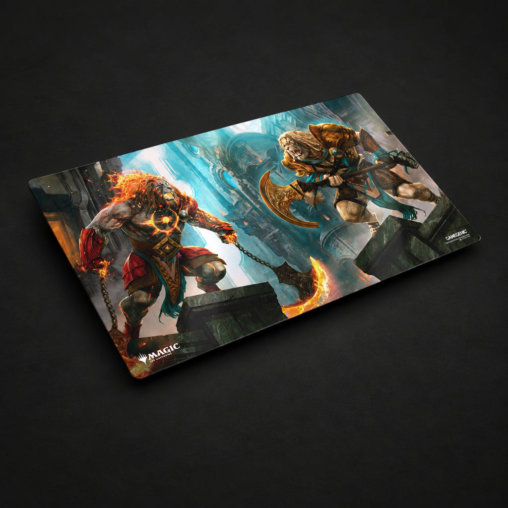 Magic: The Gathering playmat featuring a dynamic fantasy battle illustration with a fiery red character on the left and an armored gold character on the right, shown at an angle on a light gray background.