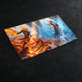 Magic: The Gathering playmat featuring a dynamic fantasy illustration with a fiery orange character on the left and a blue ice element on the right, shown at an angle on a light gray background.