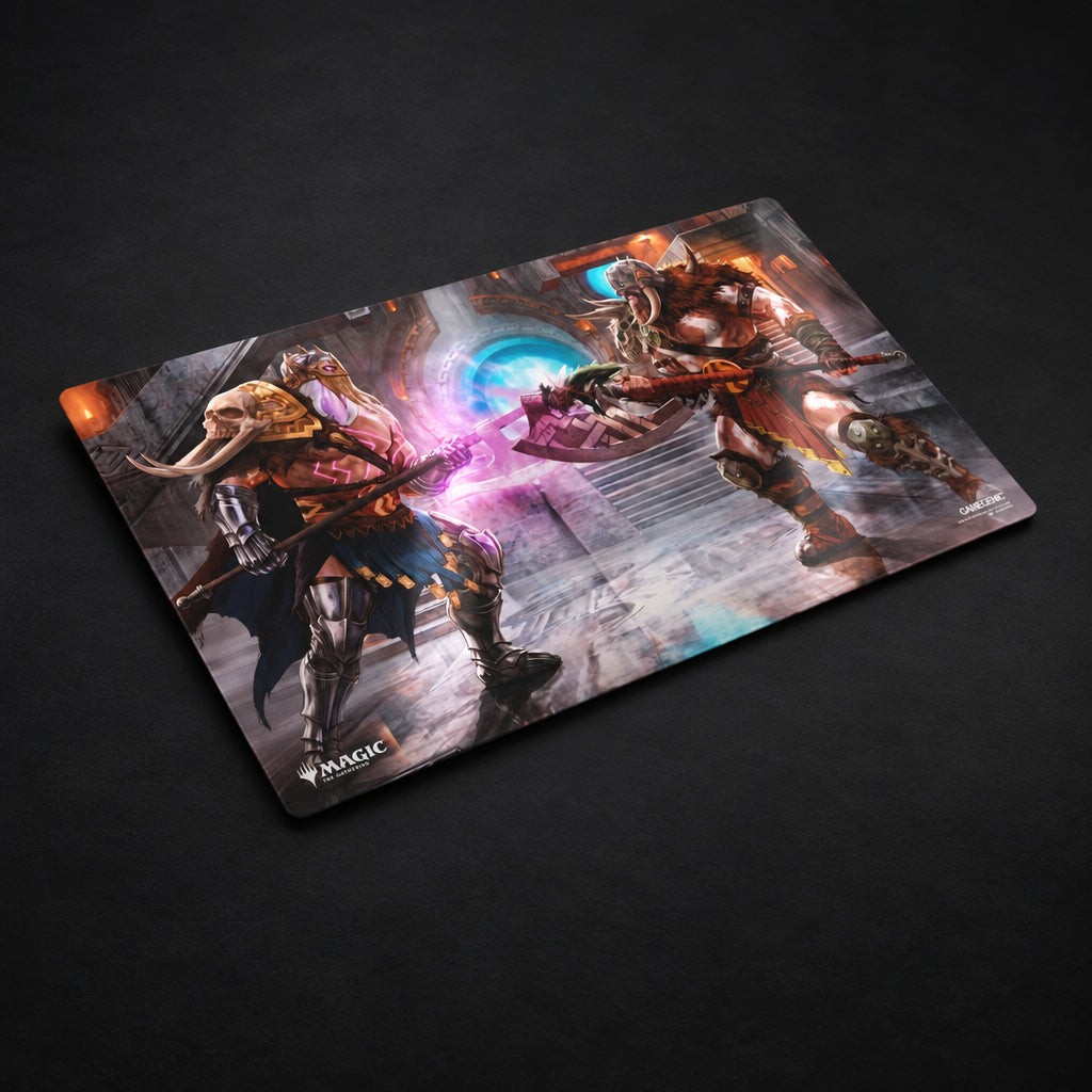 A Magic: The Gathering playmat featuring an illustrated battle scene with two fantasy warriors in armor, shown at an angle on a clean white background.