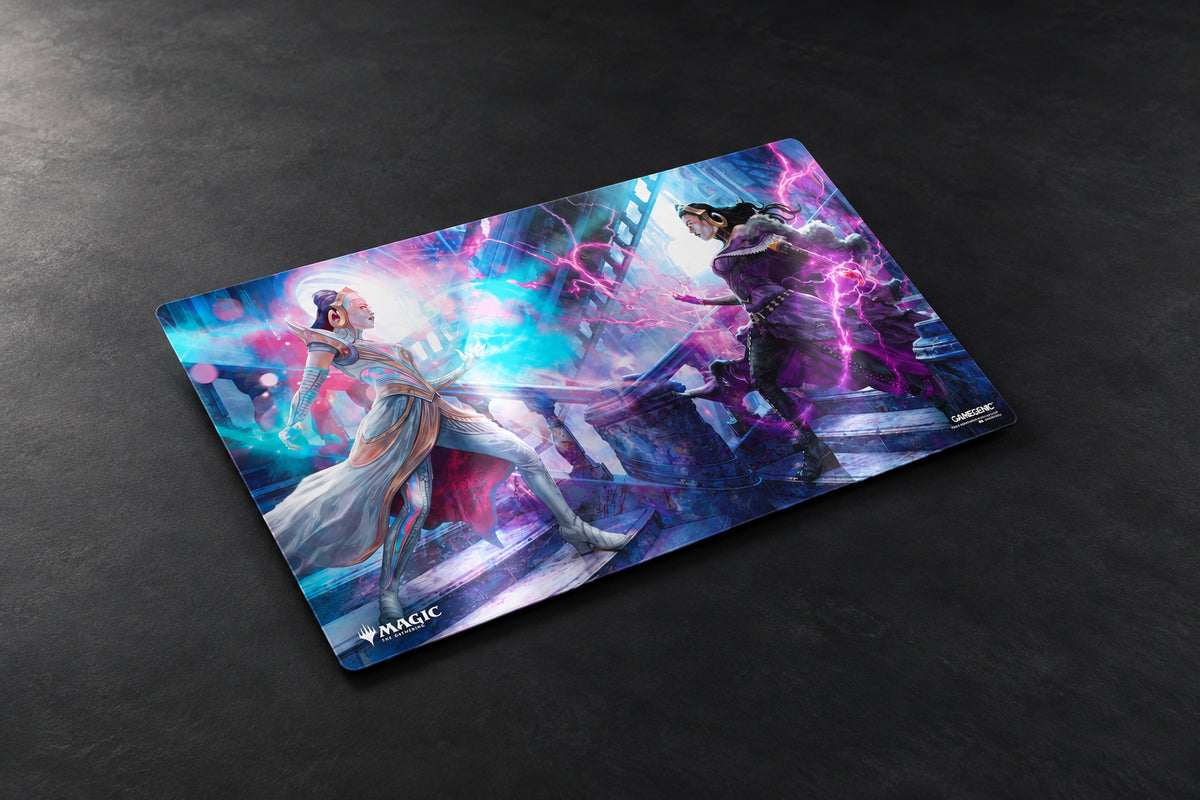 A rectangular gaming mouse pad with rounded corners, featuring a vibrant fantasy illustration of two characters in combat with purple and blue energy effects. The word 'MAGIC' is printed near the bottom left corner, and a copyright notice for Wizards of the Coast is visible in the bottom-left corner of the image.