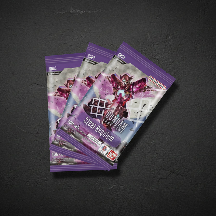 Three 'Gundam' trading card game packs on a white background
