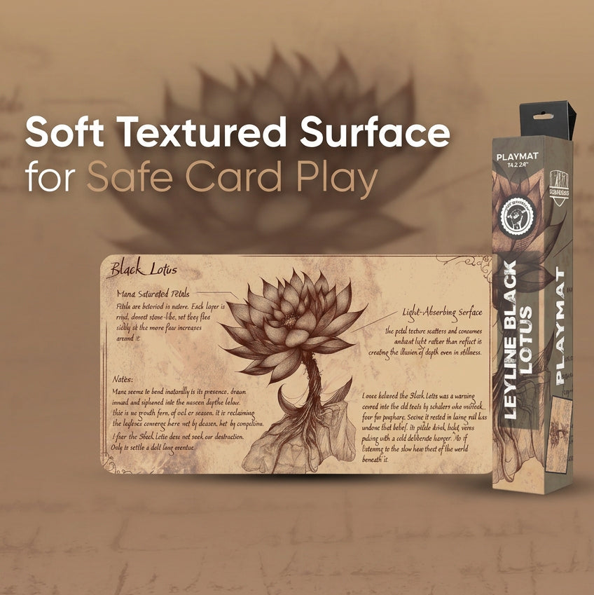 A product display for 'Leyline Black Lotus' card play accessories, featuring a textured brown card with a black lotus illustration and text, alongside its packaging box. The image includes promotional text reading 'Soft Textured Surface for Safe Card Play'.