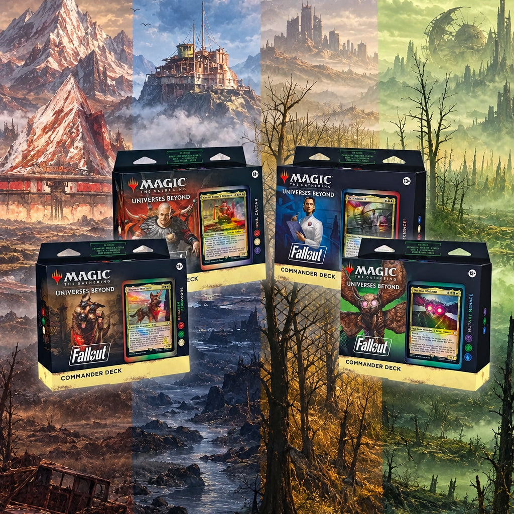 Two Magic: The Gathering Commander Deck boxes for Universes Beyond Fallout are shown in front of a split scenic background featuring a pyramid, a ruined city, and a desolate landscape.