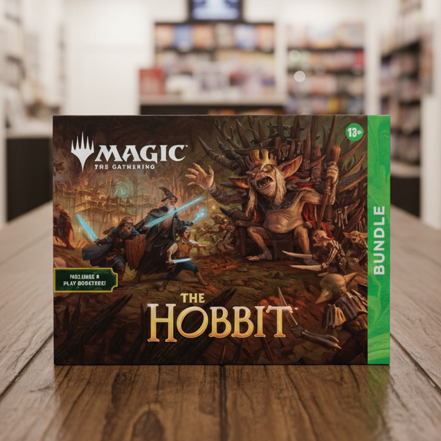 Board game box for 'The Hobbit' featuring characters from 'Magic: The Gathering'.
