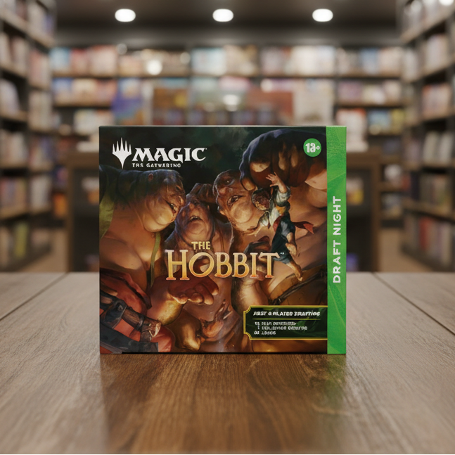 MAGIC: THE GATHERING The Hobbit Draft Night box with characters and branding.