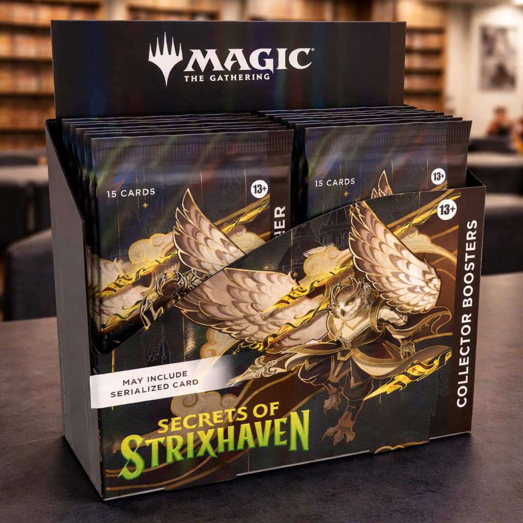 Card game booster packs on a table with 'Magic: The Gathering' branding.