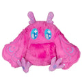 Pink plush toy with blue accents on a white background