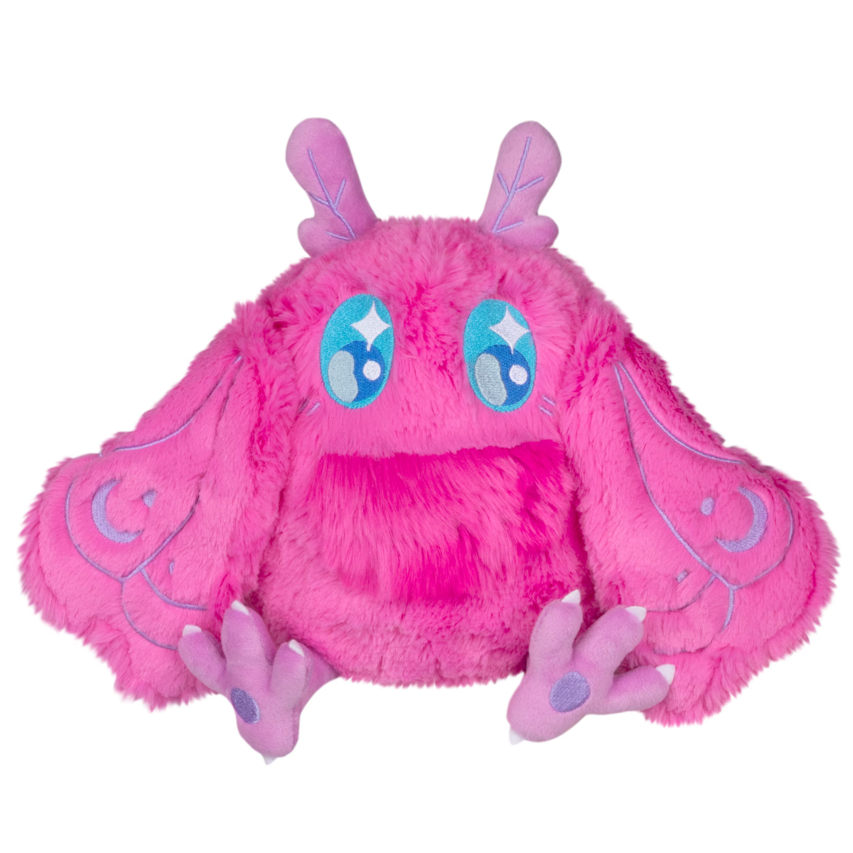 Pink plush toy with blue accents on a white background