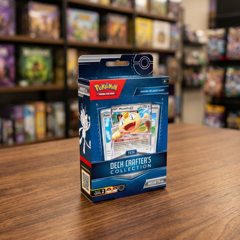 Pokémon TCG Deck Crafter's Collection card sleeve packaging, featuring a blue and black design with a clear window displaying the card sleeves inside.