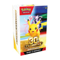 Pokémon Trading Card Game 30th Celebration Booster Bundle box, featuring Pikachu, Eevee, and Voltorb on the front cover with a white side panel and gold/yellow accents.