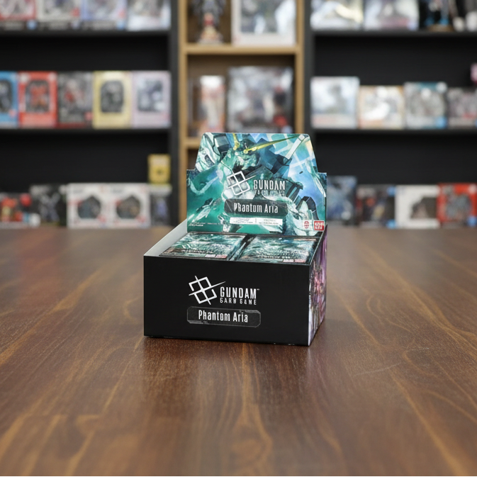 Gundam Phantom Aria trading card game box with cards and branding on a white background
