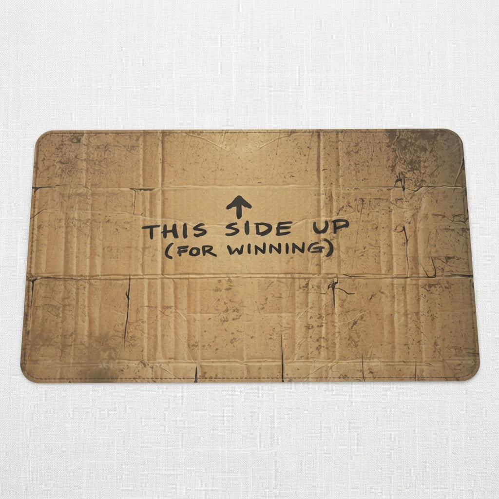 A rectangular brown cardboard mat with rounded corners, featuring a distressed, crumpled cardboard texture and the printed black text 'THIS SIDE UP (FOR WINNING)' with an arrow pointing up in the center, isolated on a white background.