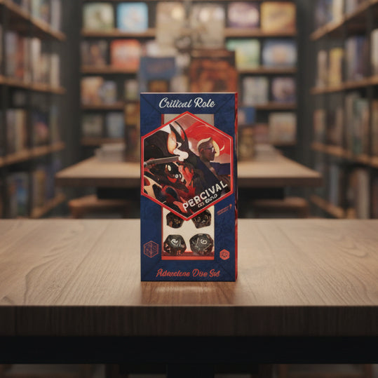 Dice set packaging for 'Critical Role' featuring 'Percival de Rolo'.