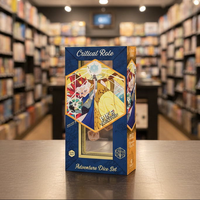 Dice set packaging for 'Critical Role' with character illustrations on a blue and orange background