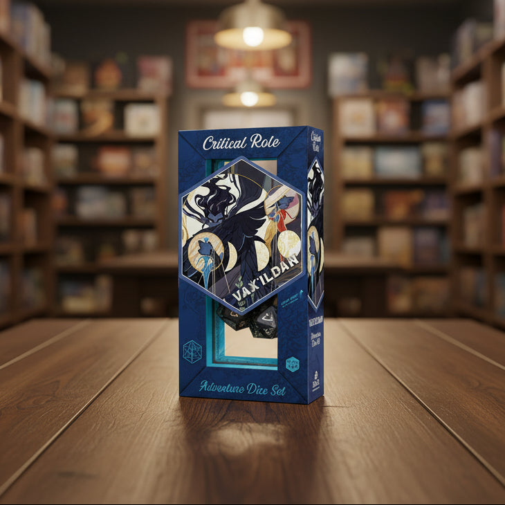 Vaxildan dice set packaging with blue and black design