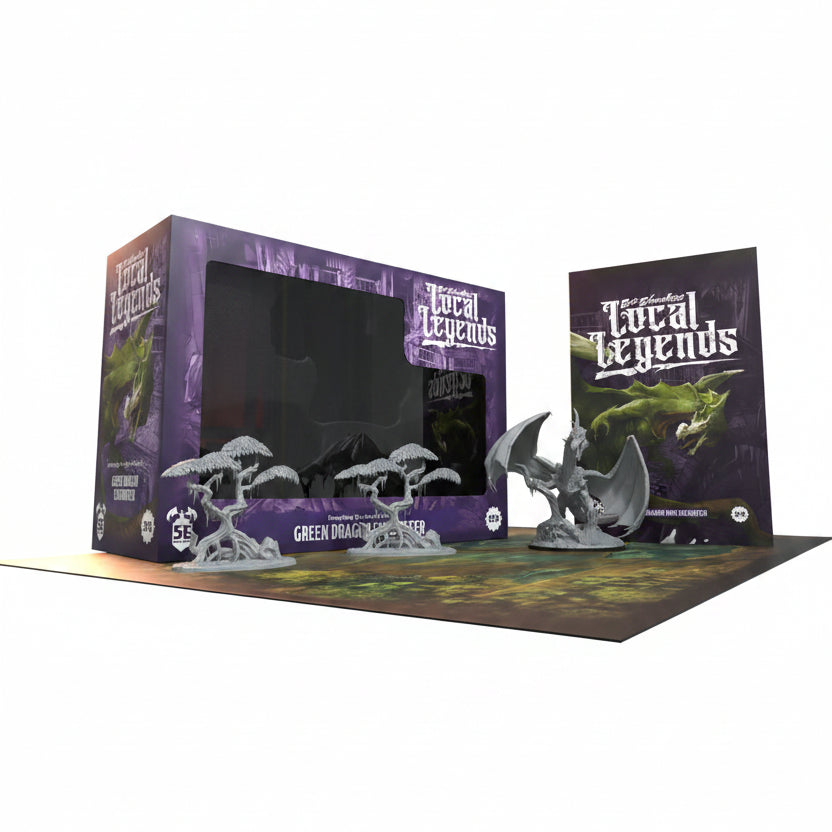 Fantasy figurine set with 'Local Legends' packaging on a white background