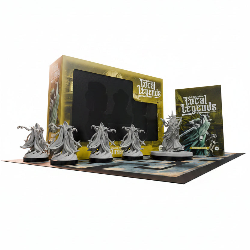 Tabletop game figures with 'Local Legends' packaging on a white background