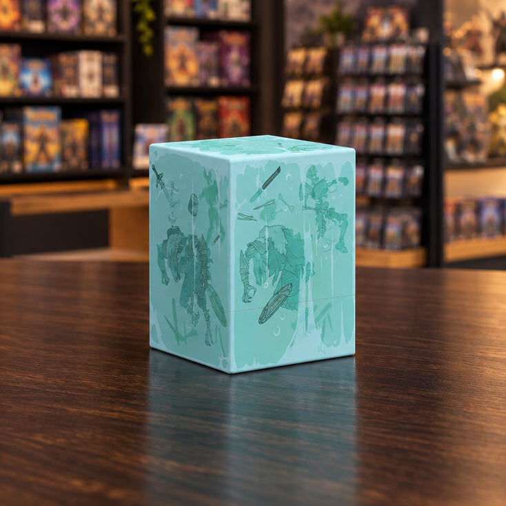 A light blue-green collectible cube featuring fantasy illustrations of adventurers and weapons, shown on a clean white background.
