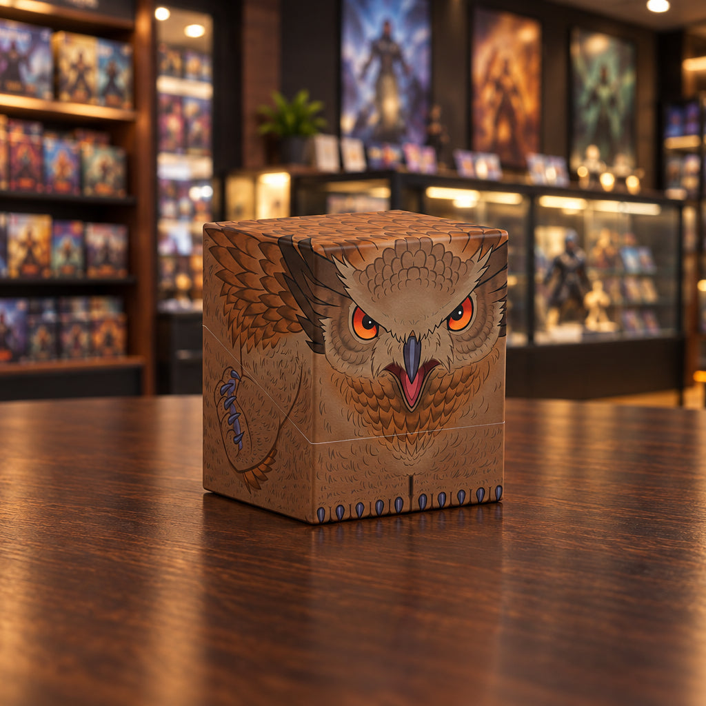 A cube-shaped box or container printed with a detailed illustration of an owl's face and feathers in shades of brown, tan, black, and bright orange eyes, shown on a plain white background.