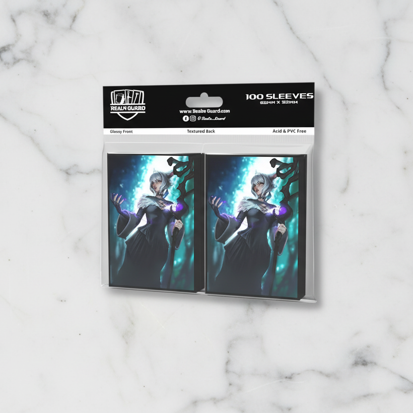 Card sleeves packaging with character design on a white background