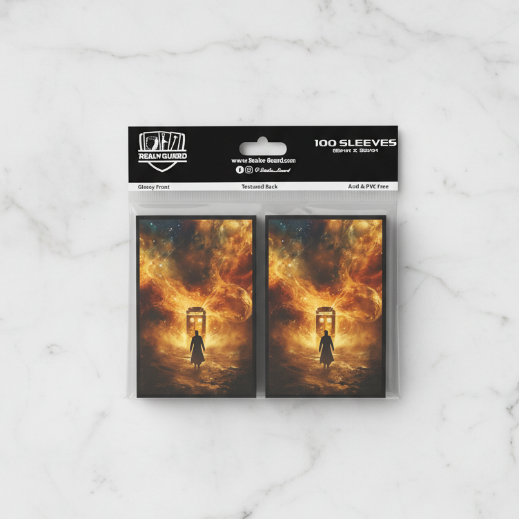Packaging of card sleeves with a design of a person standing in front of a fiery door.